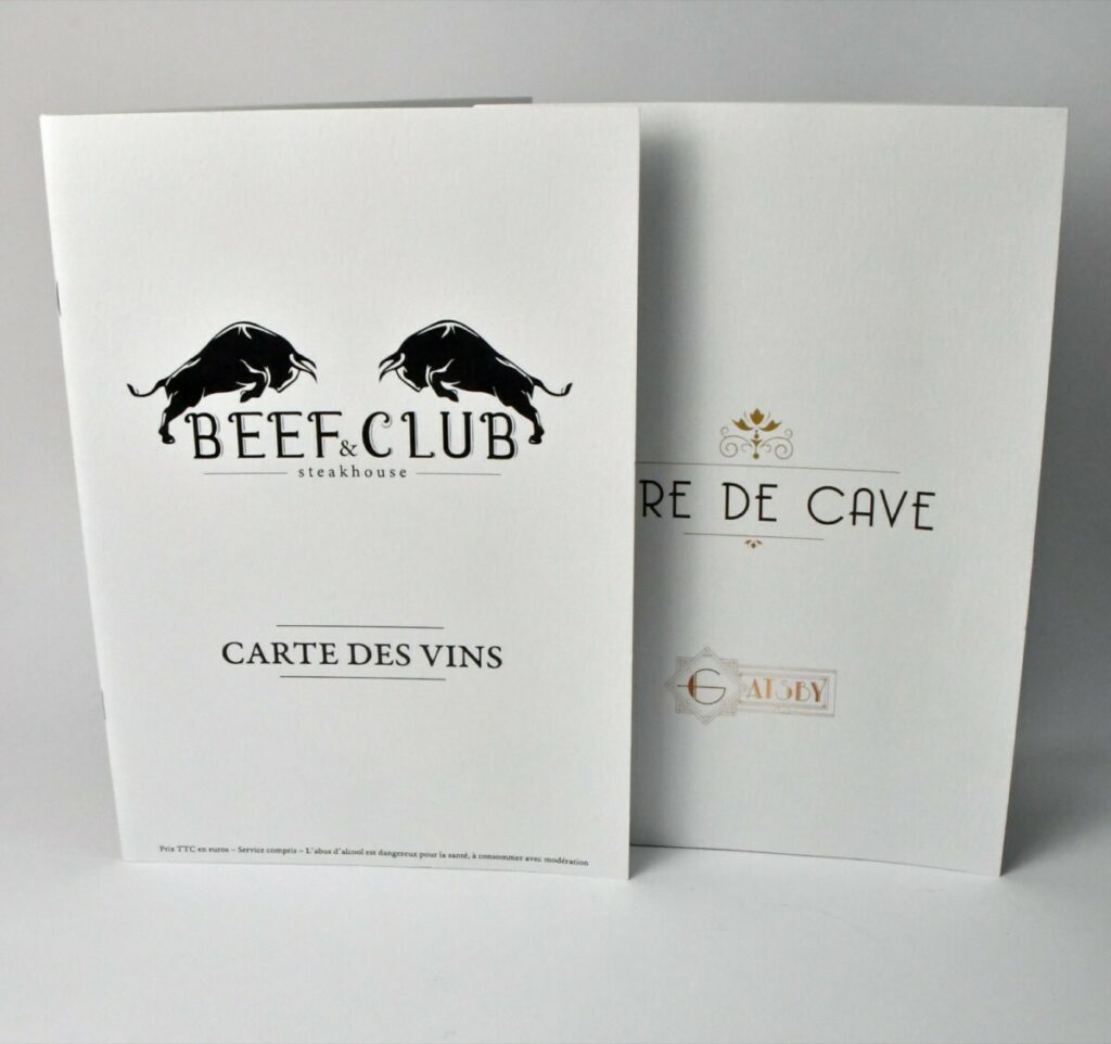 Beef Club – Carte restaurant bar et carte des vins – reliure 2 agrafes – Papier Création pack 350g