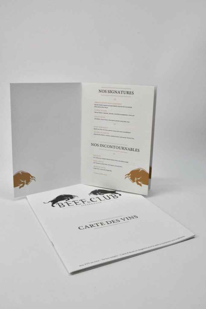 Beef Club – Carte restaurant bar et carte des vins – reliure 2 agrafes – Papier Création pack 350g