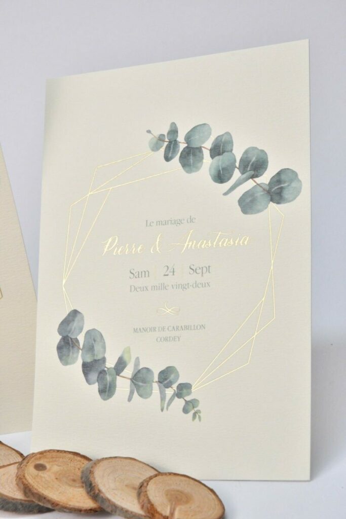 Faire-part de mariage fleur eucalyptus  – Marquage à chaud Or brillant – Papier rives tradition  ivoire naturel