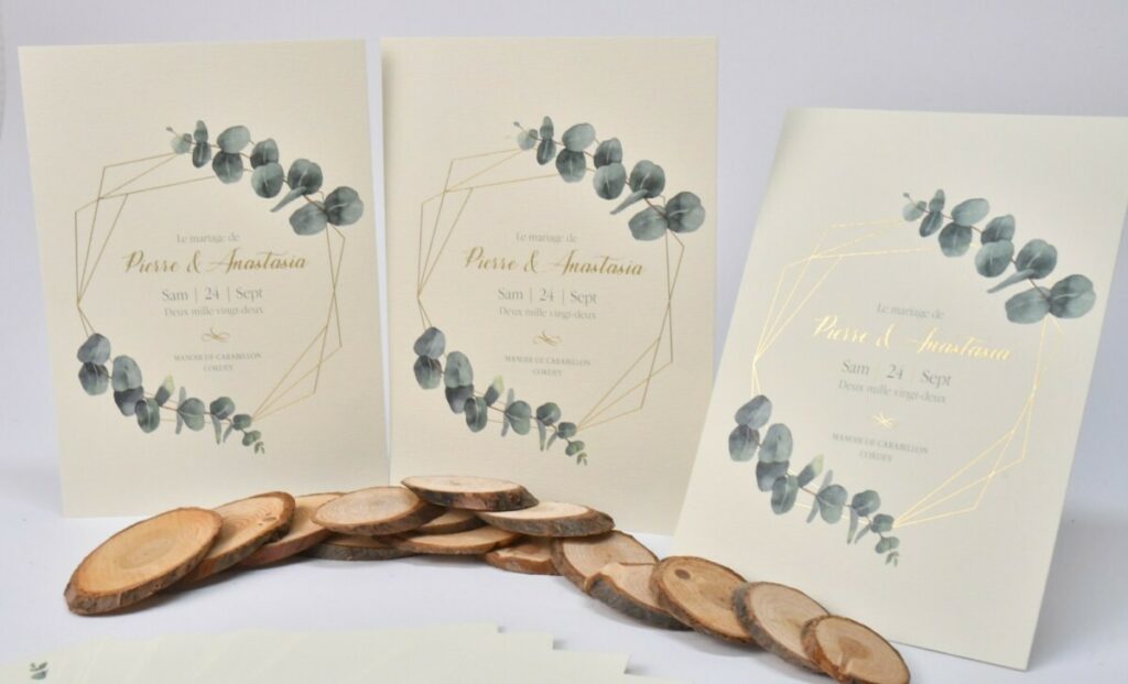 Faire-part de mariage fleur eucalyptus  – Marquage à chaud Or brillant – Papier rives tradition  ivoire naturel