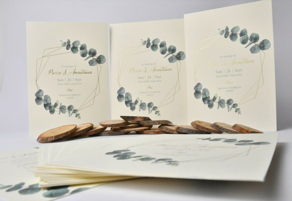 Faire-part de mariage fleur eucalyptus  – Marquage à chaud Or brillant – Papier rives tradition  ivoire naturel