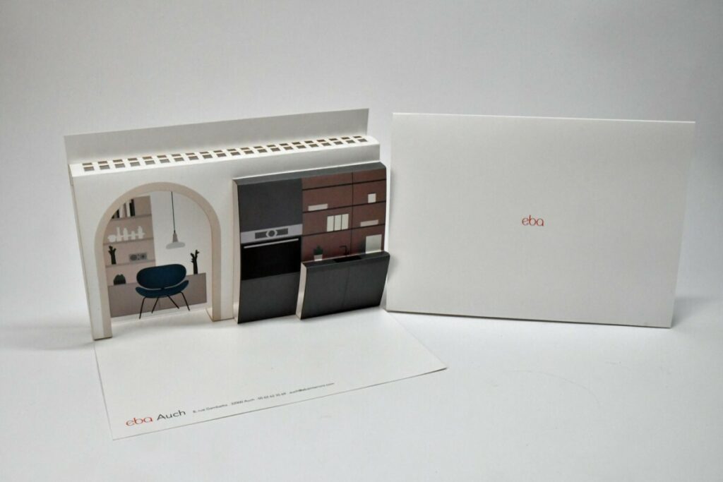 Cartes d’invitation cuisiniste en pop up 3D – Pelliculage Mat et découpe laser