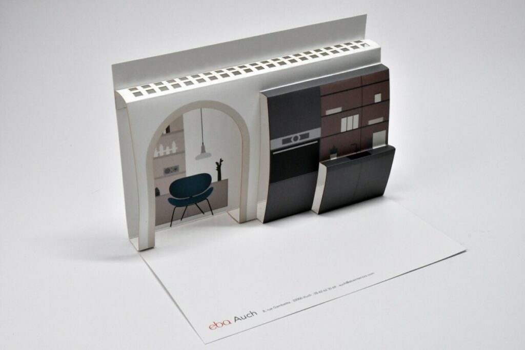 Cartes d’invitation cuisiniste en pop up 3D – Pelliculage Mat et découpe laser