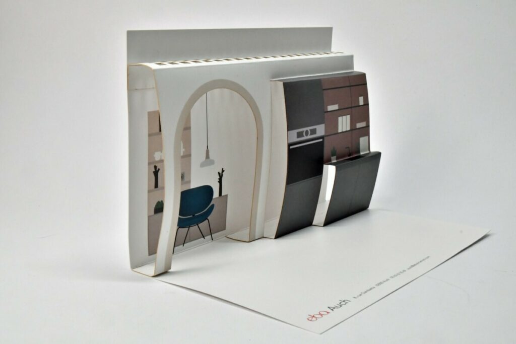 Cartes d’invitation cuisiniste en pop up 3D – Pelliculage Mat et découpe laser