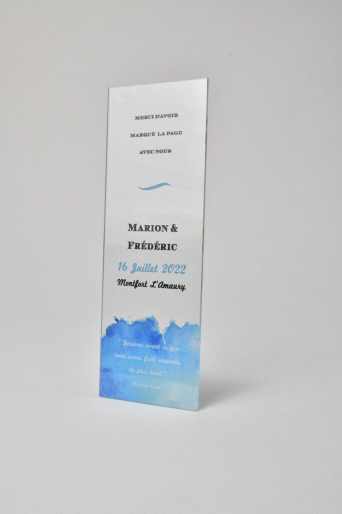 Faire-part marque page mariage en plexiglass 2mm aquarelle – Impression quadri avec blanc de soutien sélectif