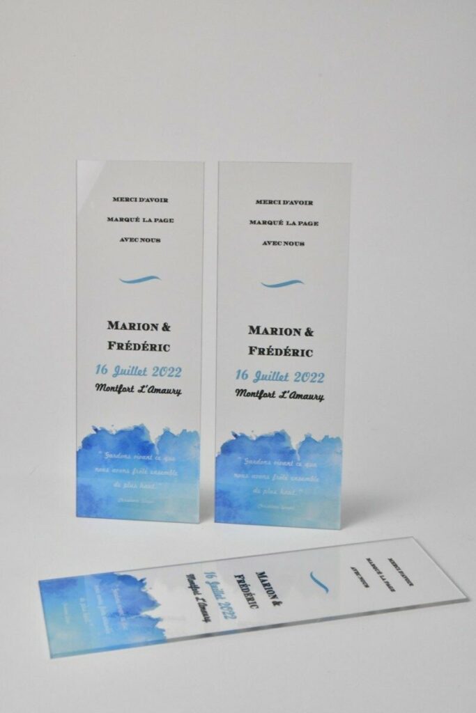 Faire-part marque page mariage en plexiglass 2mm aquarelle – Impression quadri avec blanc de soutien sélectif