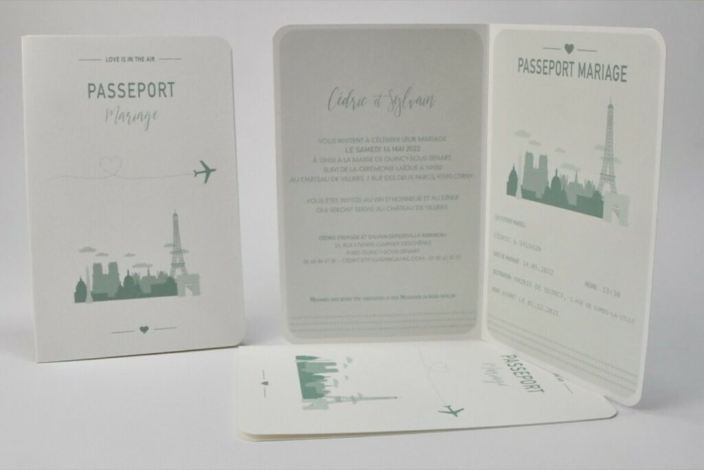 Faire-part passerport de mariage – 2 angles arrondis – Thème vert olive