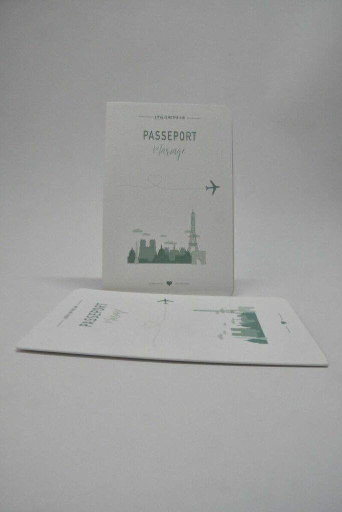 Faire-part passerport de mariage – 2 angles arrondis – Thème vert olive