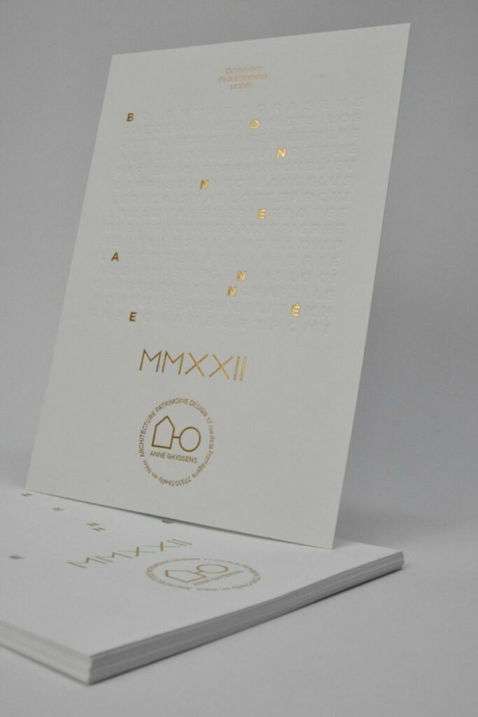 Carte de voeux mots mêlés débossage en creux et  marquage à chaud or mat – Rives tradition 320g extra blanc