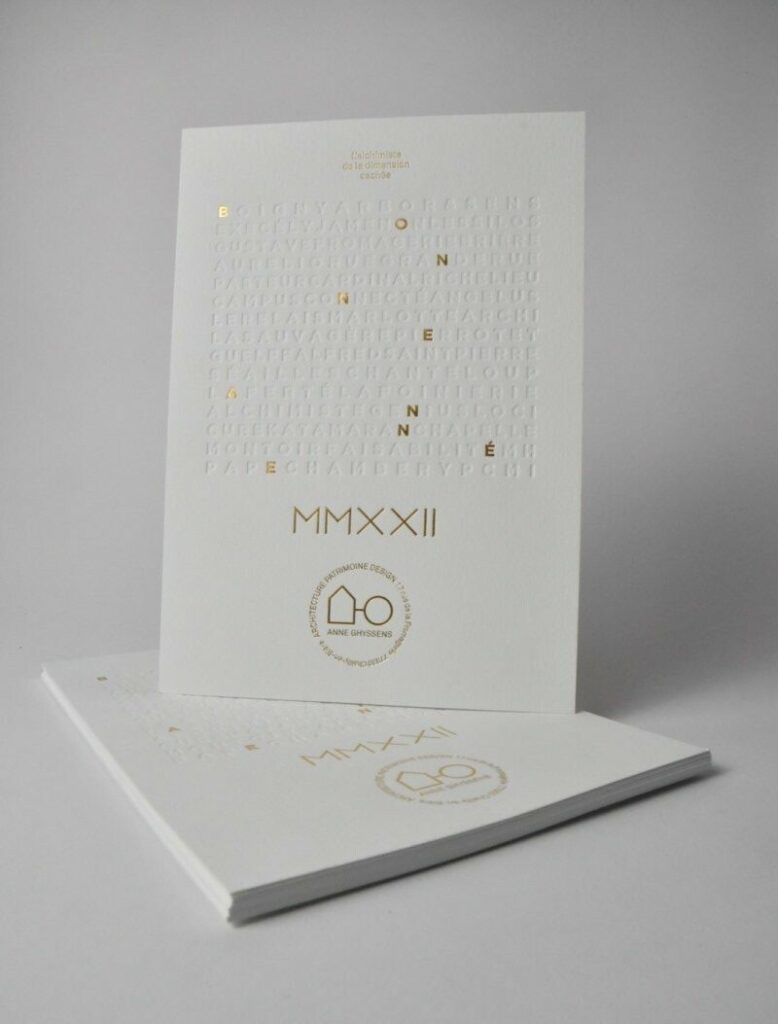 Carte de voeux mots mêlés débossage en creux et  marquage à chaud or mat – Rives tradition 320g extra blanc