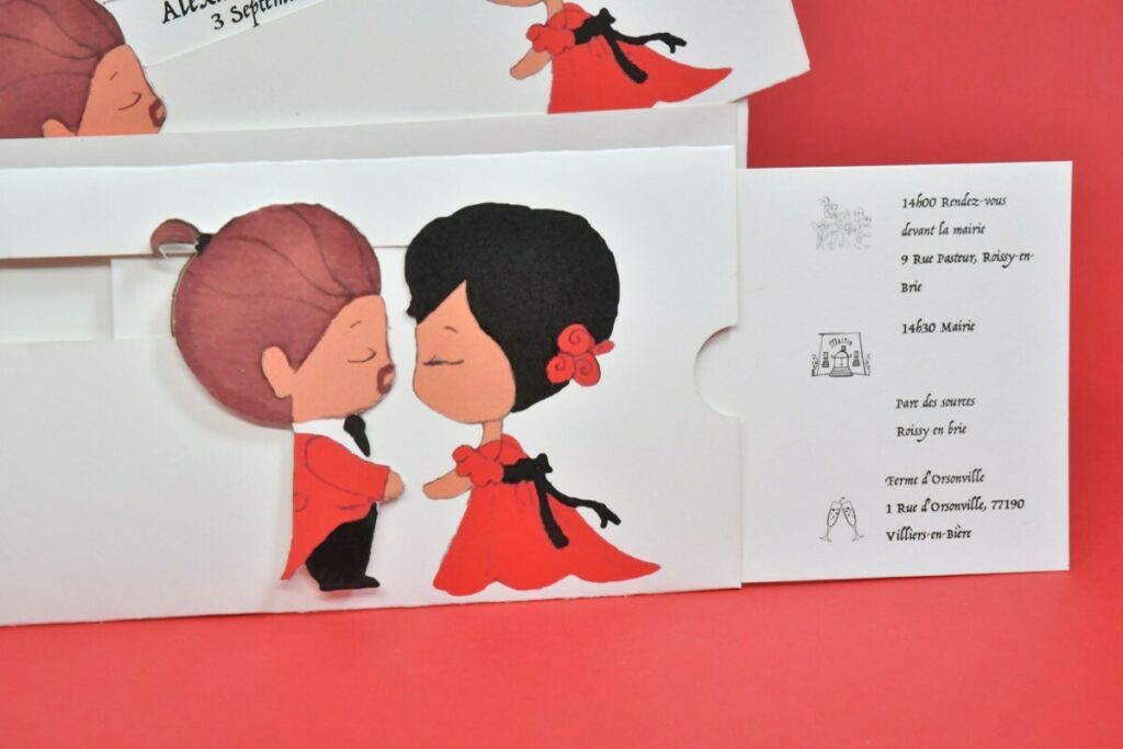 Faire-part de mariage sur mesure à tirette avec dessins – Munken Polar 300gr – Pochette avec ouverture patte crocodile – découpe numérique