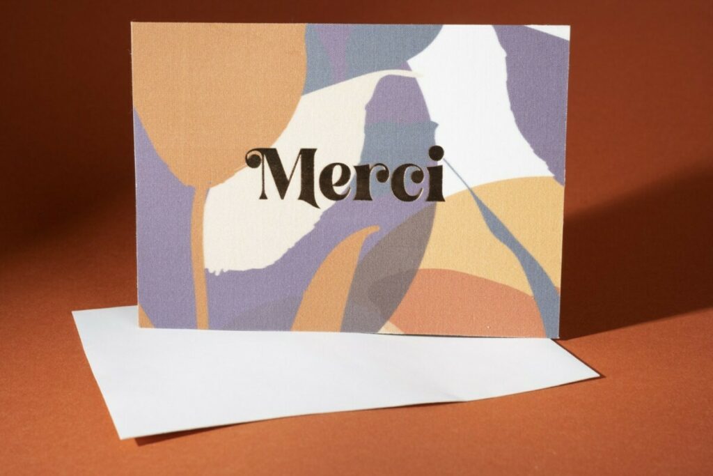 Cartes de remerciement de mariage en tissu – Marquage à chaud cuivre 396 – Contre collage sur papier et enveloppe sur mesure – Olin Regular