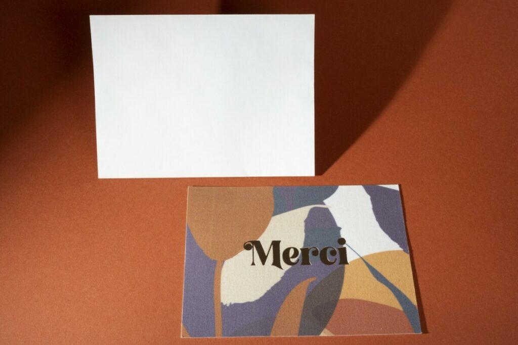 Cartes de remerciement de mariage en tissu – Marquage à chaud cuivre 396 – Contre collage sur papier et enveloppe sur mesure – Olin Regular