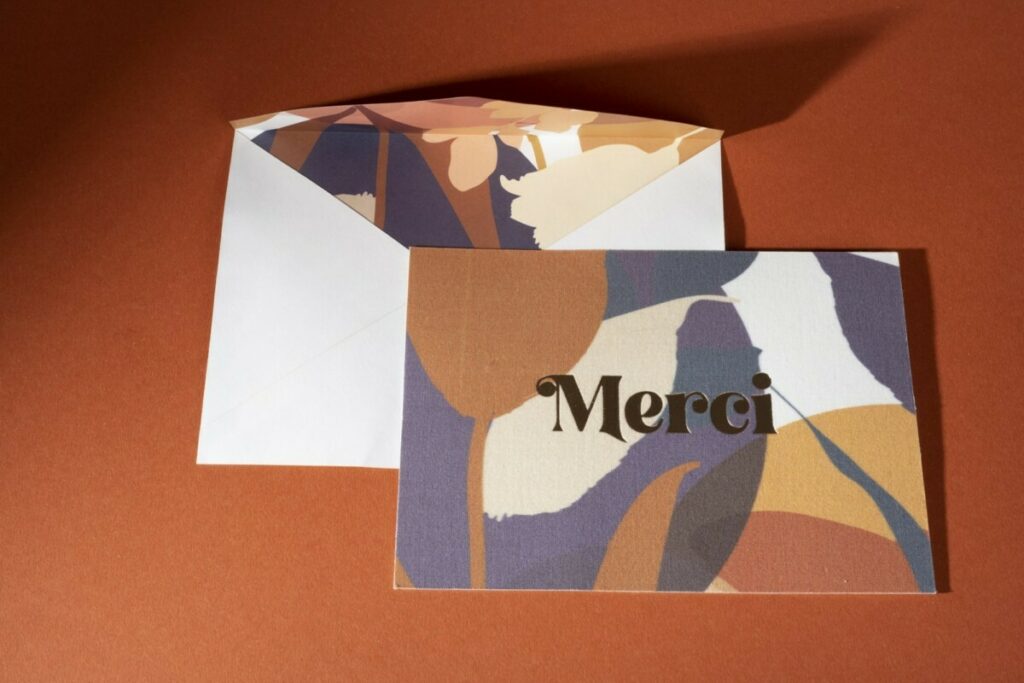 Cartes de remerciement de mariage en tissu – Marquage à chaud cuivre 396 – Contre collage sur papier et enveloppe sur mesure – Olin Regular