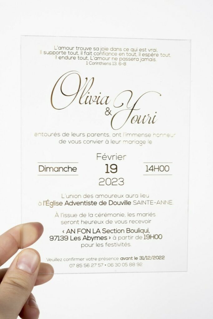 Faire-part de mariage en plexiglass 3mm avec dorure or brillante – Découpe laser