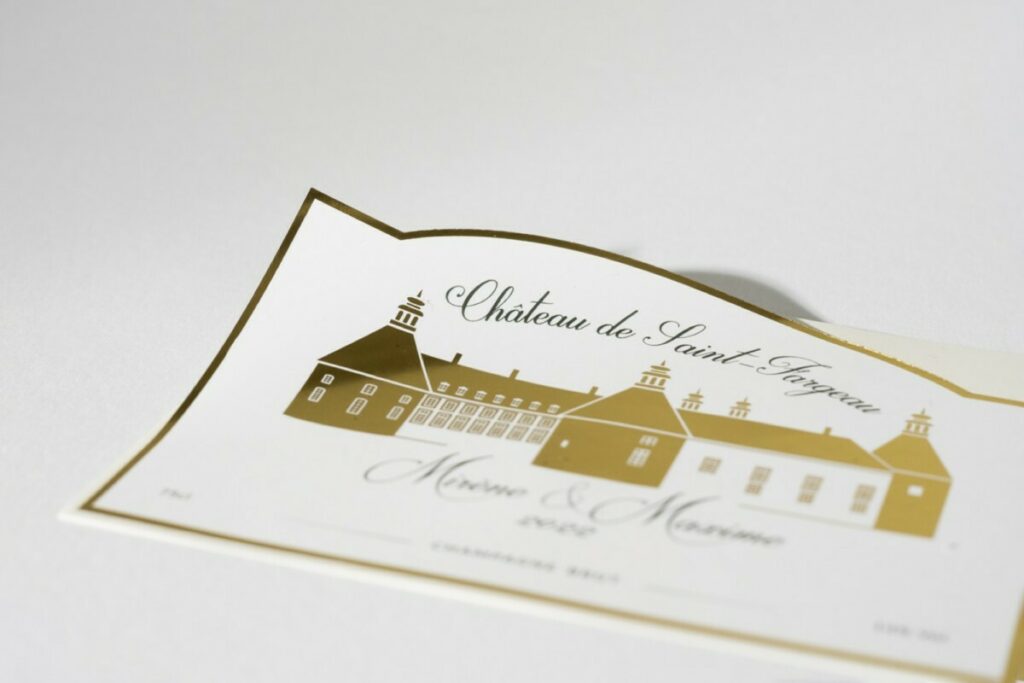 Etiquettes mariage bouteille de champagne – Dorure numérique or sur chateau et découpe silhouette mi-chair