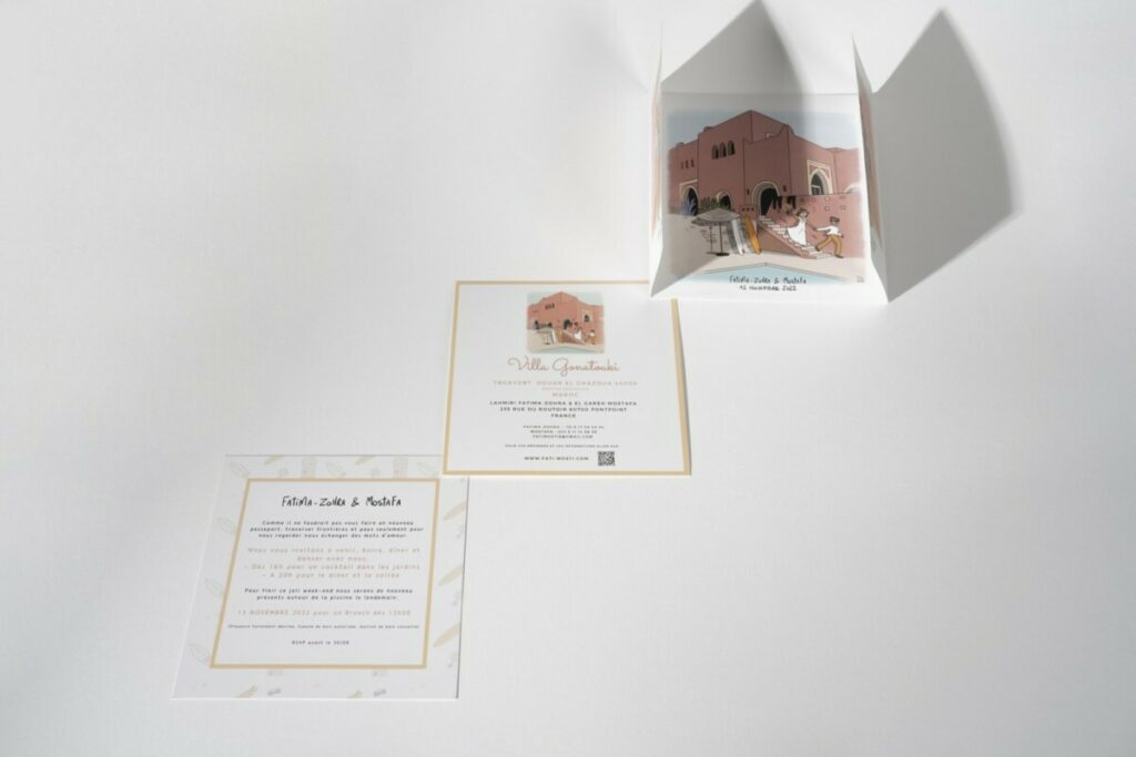 Faire-part de mariage Marrakech en vernis 3D- Rainage et pliage fenêtre – Personnages dessin aquarelle – Pelliculage Mat