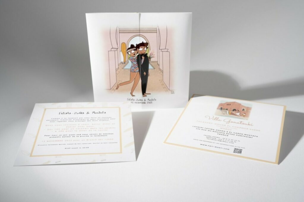 Faire-part de mariage Marrakech en vernis 3D- Rainage et pliage fenêtre – Personnages dessin aquarelle – Pelliculage Mat