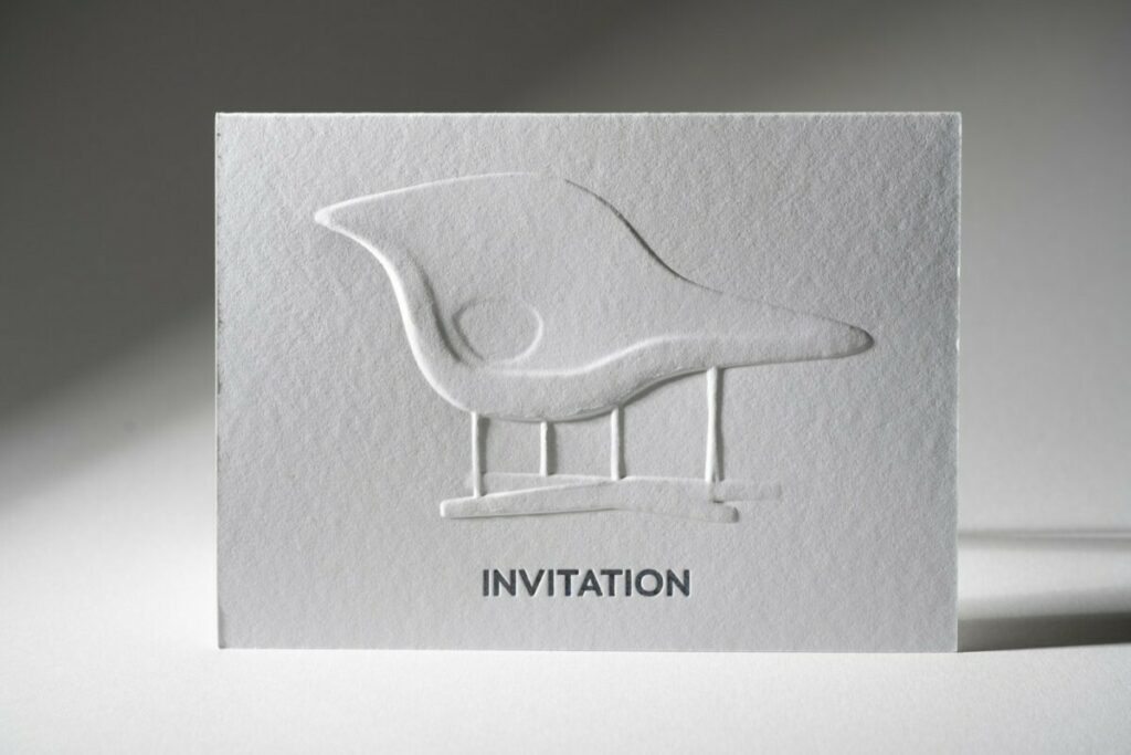 Carton d’inauguration galerie – Gaufrage chaise designer en 3D multi-niveaux – Dorure à chaud holographique en débossage – Papier pur coton Cocaïne 350gr