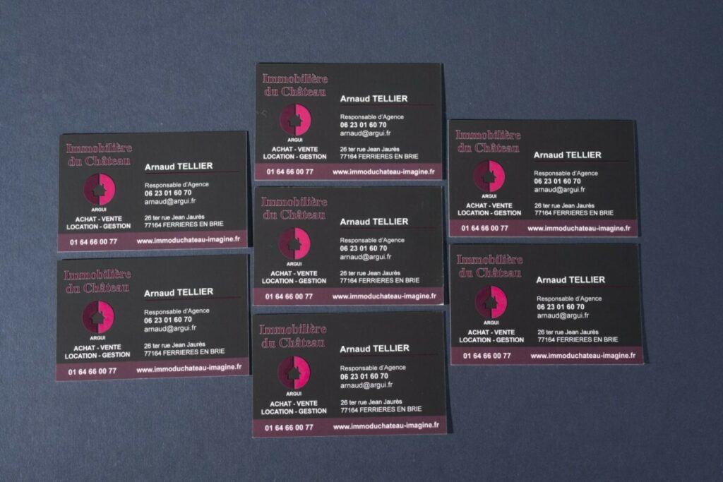 Cartes de visite agence immobilière – Pelliculage Soft touch et vernis 3D numérique
