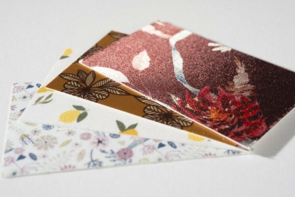 Cartes de visite créatrice avec contre collage tissu véritable
