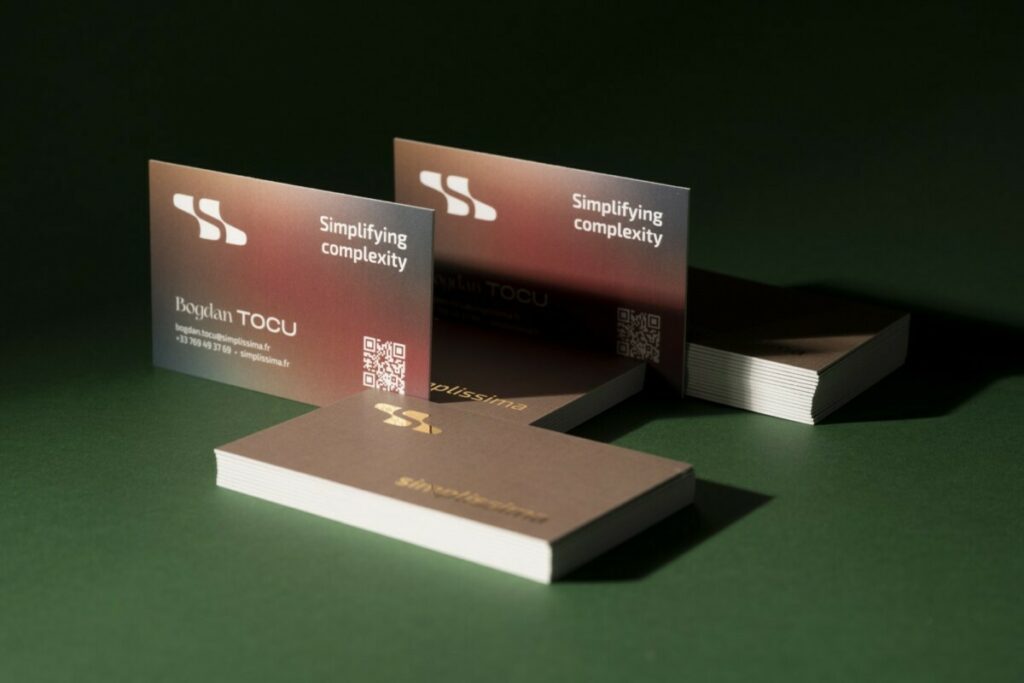 Cartes de visites épaisses en contre-collage duplex 2x350g – Dorure numérique OR et Pelliculage mat