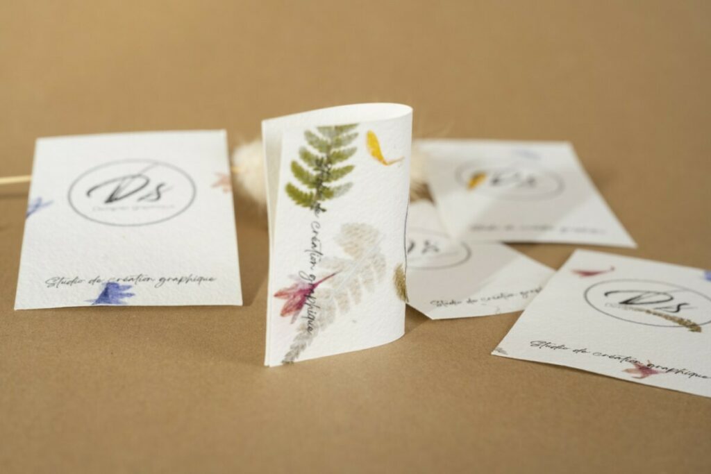 Cartes de visites designer sur papier recyclé avec inclusions de pétales de fleurs véritables