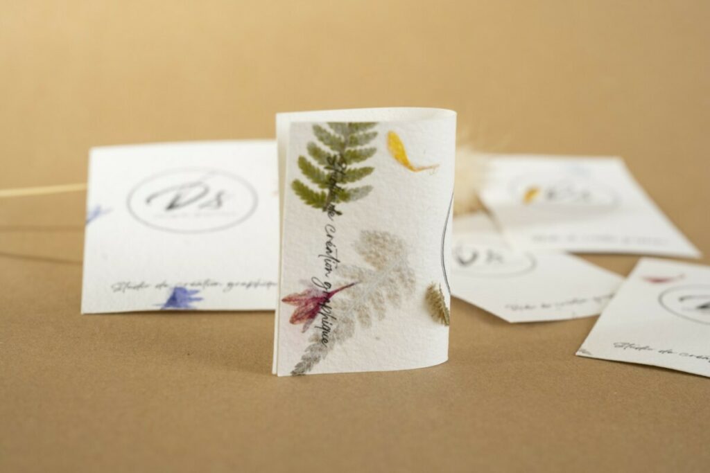 Cartes de visites designer sur papier recyclé avec inclusions de pétales de fleurs véritables