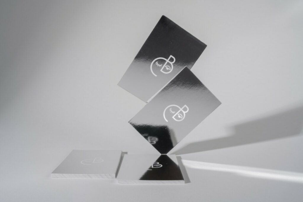 Cartes de visites miroir pour conseillère en image – Dorure numérique argent brillant – Couché mat 350g