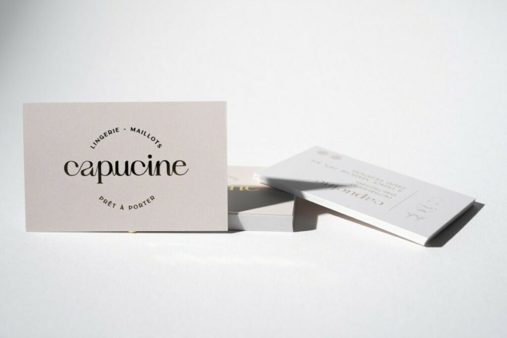 Cartes de visite pret à porter lingerie – Dorure numérique Or sur fond nude – pelliculage mat