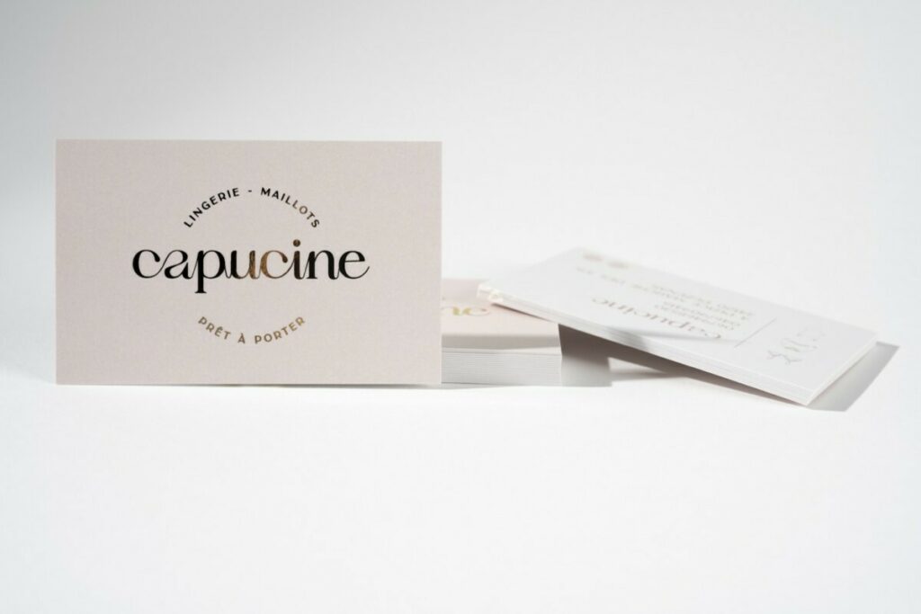 Cartes de visite pret à porter lingerie – Dorure numérique Or sur fond nude – pelliculage mat