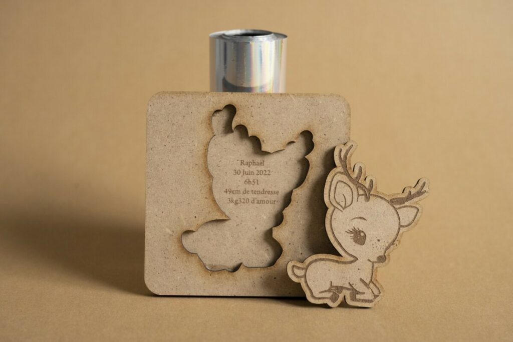 Faire-part de naissance garçon en découpe et gravure laser sur bois avec silhouette de cerf – MDF 3mm