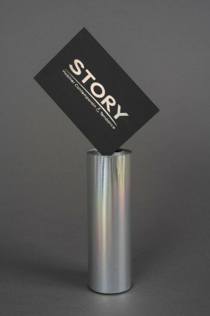Cartes de visites spécialiste mobilier contemporain – Marquage à chaud Holographique laser – Plike 330gr/m2 Noir