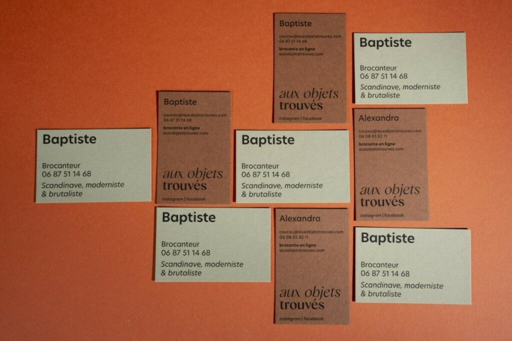 Cartes de visite pour brocanteur – Impression noir sur papier recyclé vert et Terracotta – Materica Terra rossa et Verdigris 360g