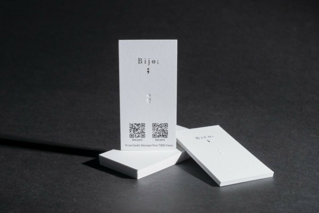 Mini cartes de visite pour concept store beauté japonais – Impression noir – Gaufrage sans impression – Papier pur coton Cocaïne 350g