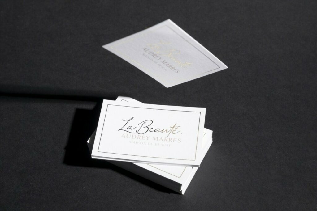 Cartes de visite Maison de beauté – Dorure numérique Cuivre – Old Mill Premium white 300g