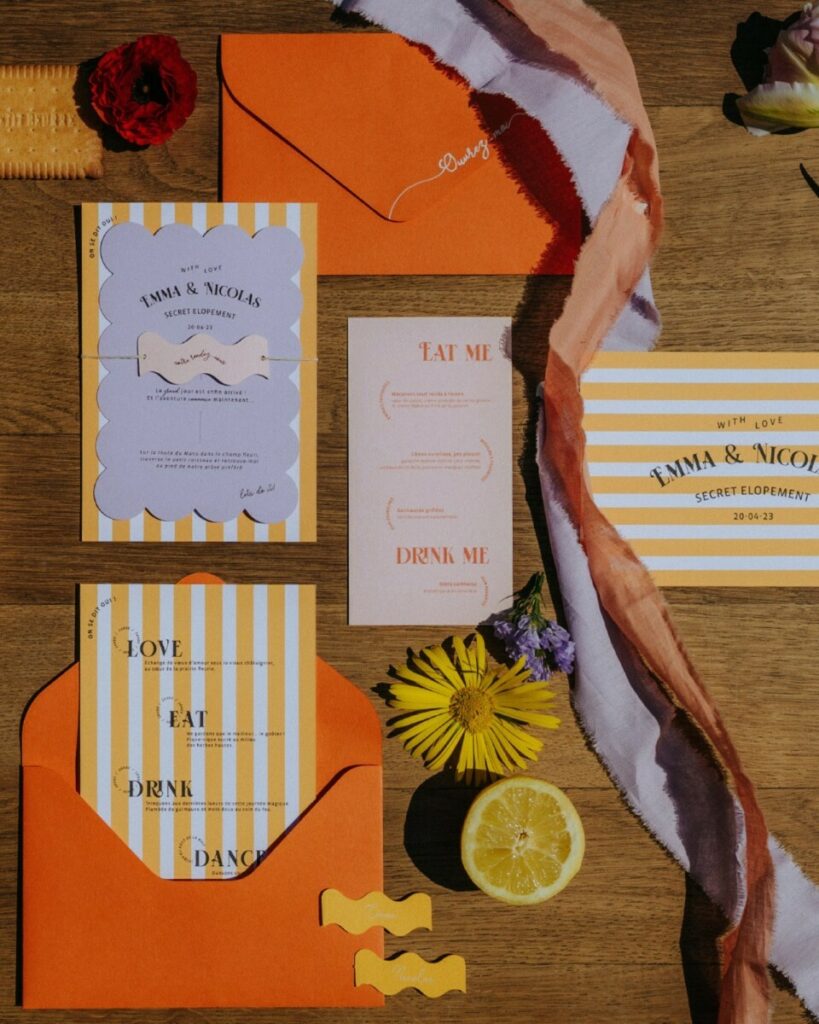 Faire-part acidulé thème alice au pays des merveilles – Découpe numérique biscuit – Colorplan Lavender et Vellum white- Old mill premium white 300g
