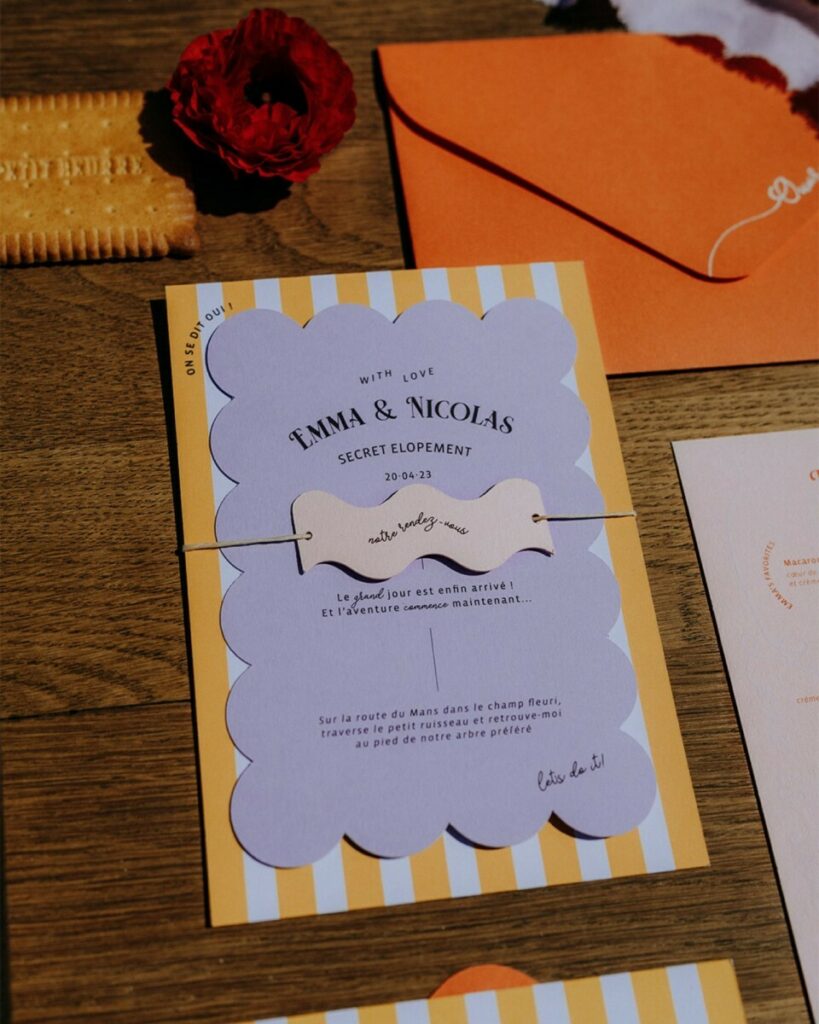 Faire-part acidulé thème alice au pays des merveilles – Découpe numérique biscuit – Colorplan Lavender et Vellum white- Old mill premium white 300g