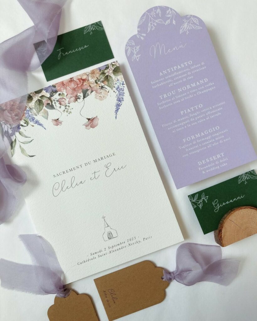 Papeterie de mariage avec découpe sur mesure – Arches expression texture 400g – Colorplan forest et lavender 270g – Impression blanche numérique