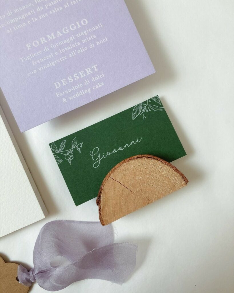 Papeterie de mariage avec découpe sur mesure – Arches expression texture 400g – Colorplan forest et lavender 270g – Impression blanche numérique