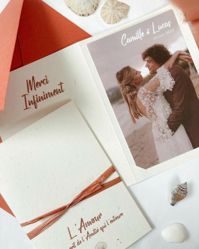 Cartes de remerciements Terracotta avec découpe d’encoches pour photo – Papier recyclé Gmund Bio Cycle Wheat 300g