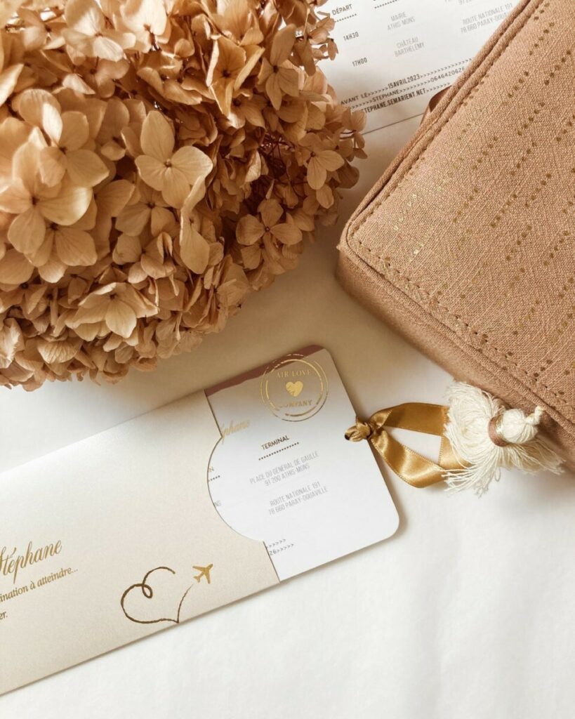Faire-part de mariage Air Love – Carte d’embarquement avec dorure numérique pelliculage mat et angles arrondis 9mm – Pochette avec découpe coup de pouce – couché mat 300g