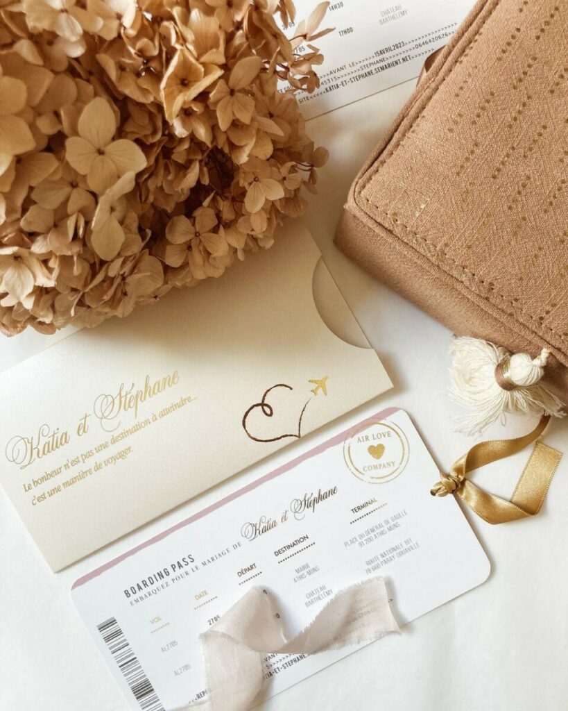 Faire-part de mariage Air Love – Carte d’embarquement avec dorure numérique pelliculage mat et angles arrondis 9mm – Pochette avec découpe coup de pouce – couché mat 300g