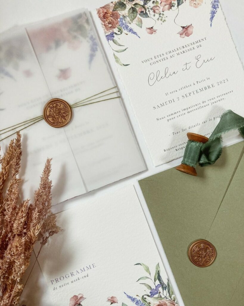 Faire-part de mariage fleurs aquarelle – Pochette calque avec pli fenêtre – fermeture par cachet de cire cuivre et ficelles chanvre – enveloppes assortie Verdigris patte pointue.
