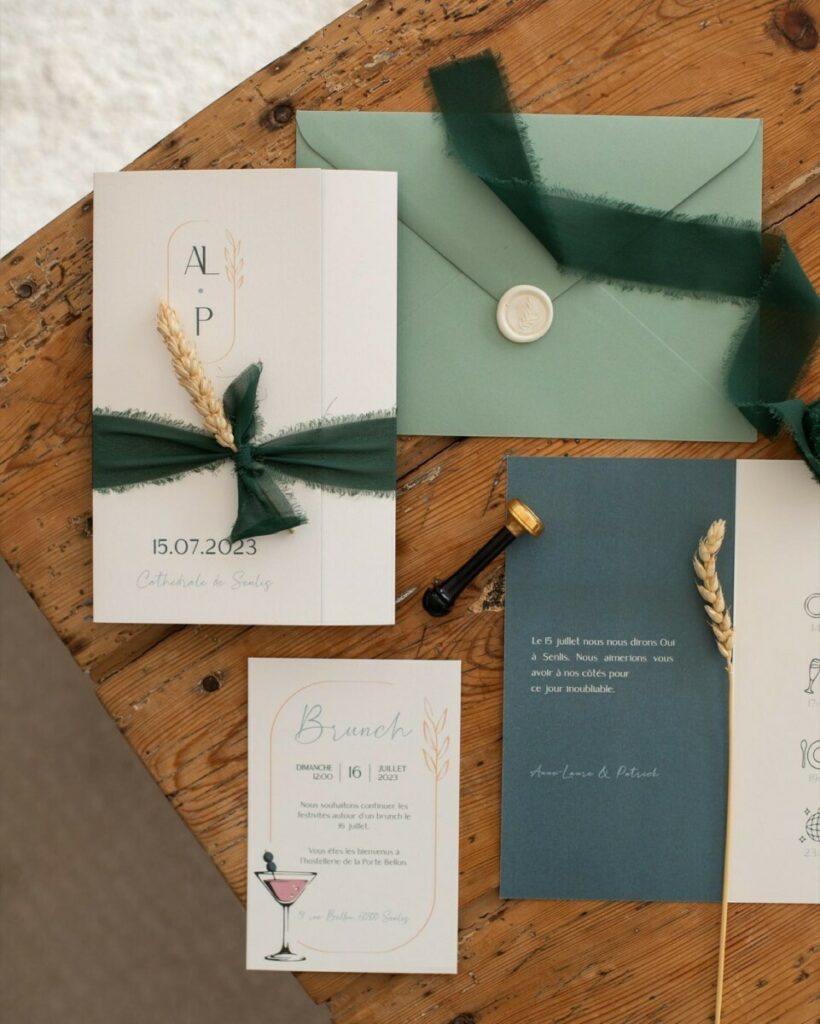 Faire-part de mariage bleu et vert avec pliage – Papier de création Old Mill Premium White 300g – Ruban Mousseline Vert foncé – Cachet de cire blanc