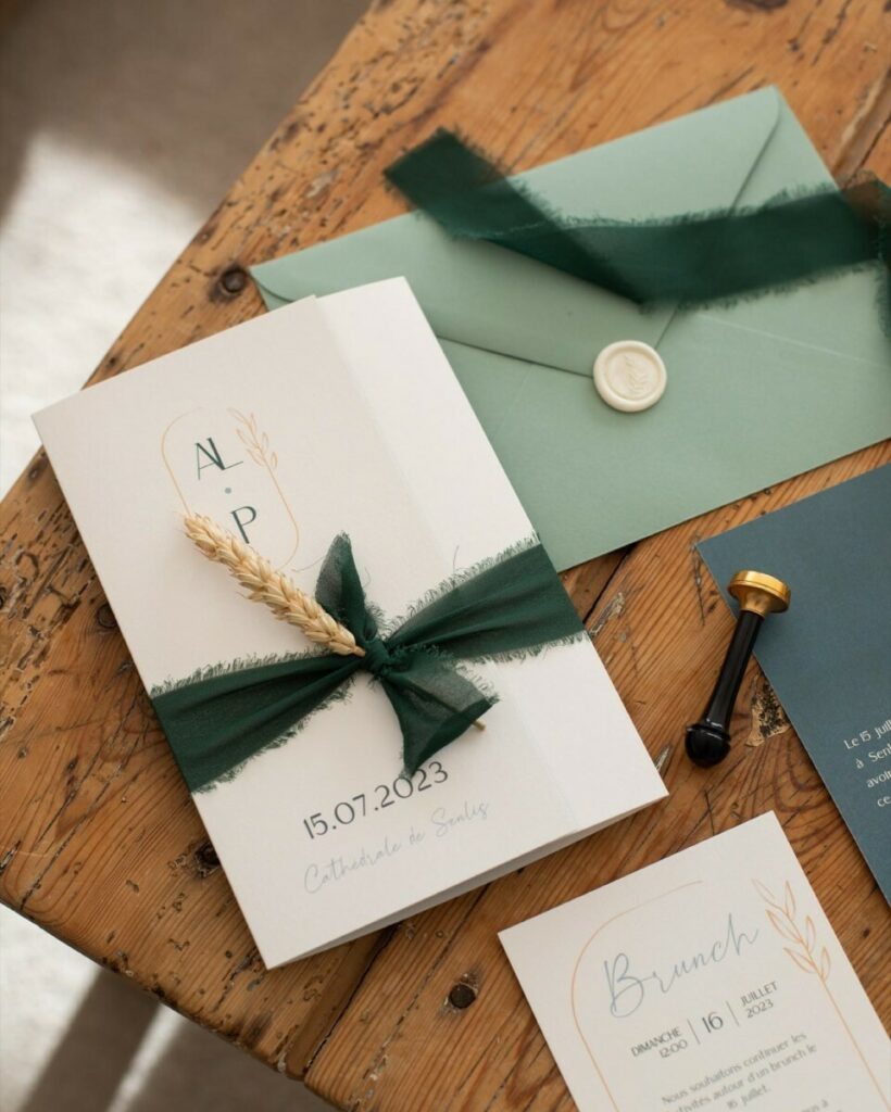 Faire-part de mariage bleu et vert avec pliage – Papier de création Old Mill Premium White 300g – Ruban Mousseline Vert foncé – Cachet de cire blanc