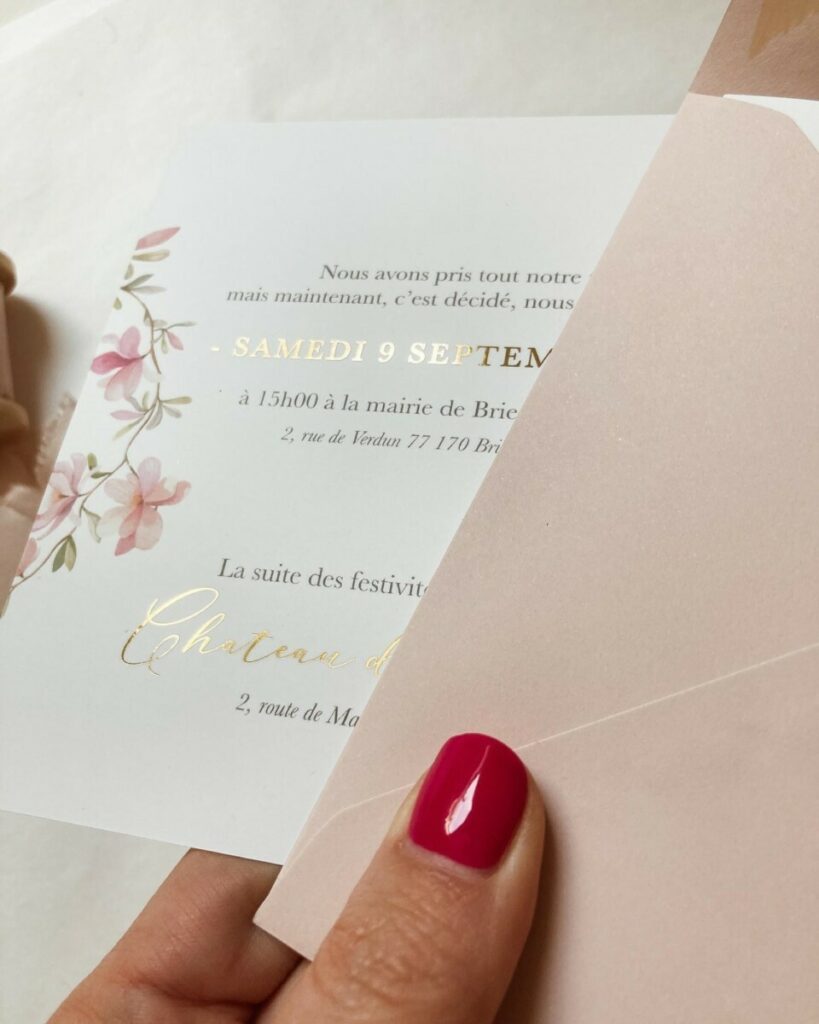Faire-part de mariage Orchidées en dorure numérique or sur pelliculage mat – Enveloppes patte pointue nude