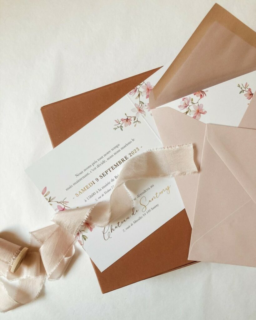 Faire-part de mariage Orchidées en dorure numérique or sur pelliculage mat – Enveloppes patte pointue nude