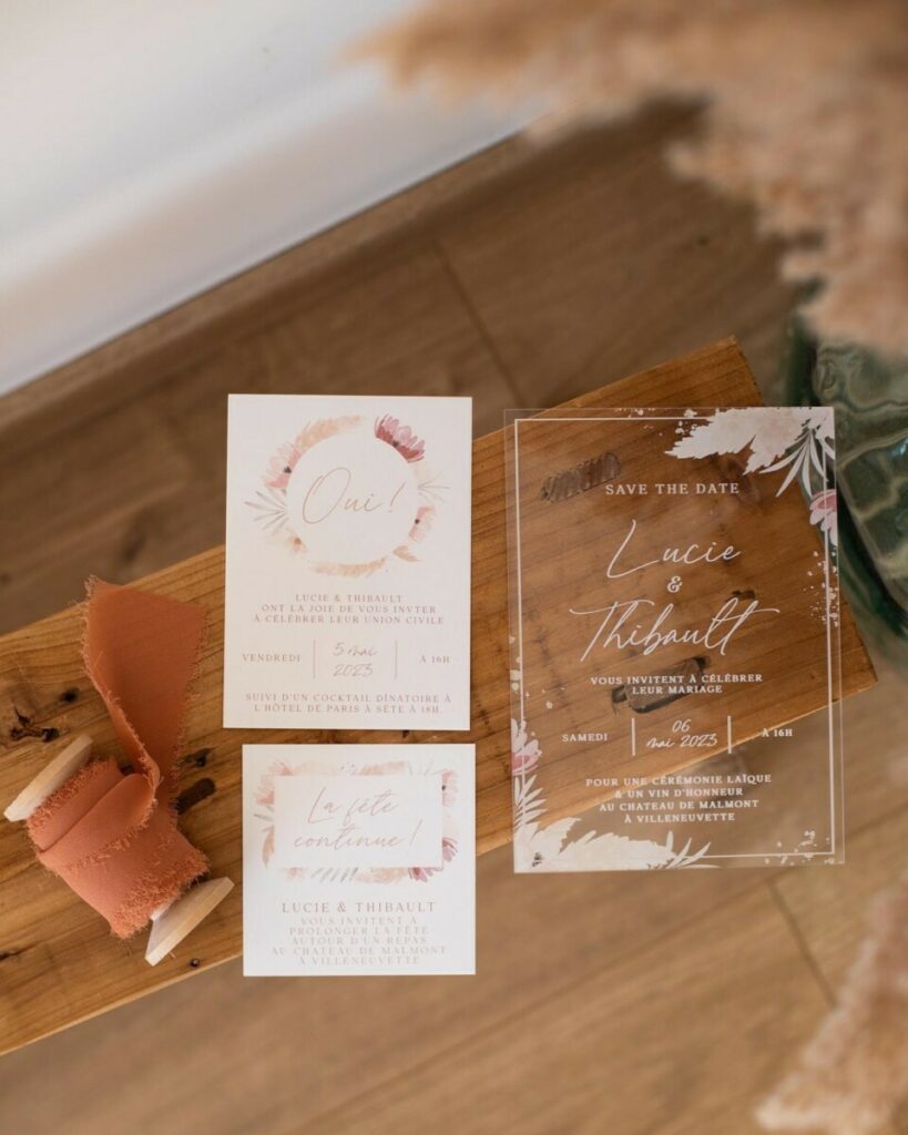Faire-part de mariage en plexiglass avec impression Quadri et blanc de soutien – Ruban mousseline – Old Mill Premium White