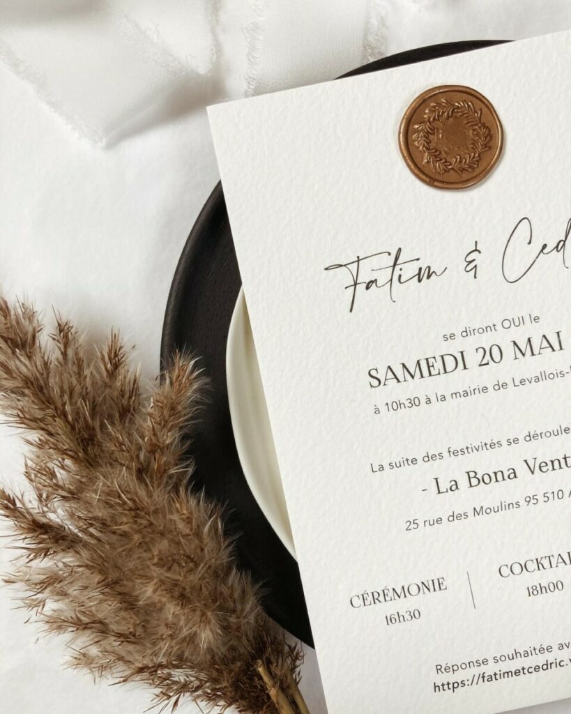 Faire-part de mariage papier coton avec cachet de cire bronze – Arches expression texture 400g – Impression noir